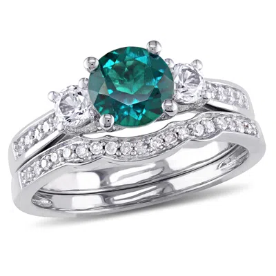 Mimi & Max 1 1/3ct Tgw Created Emerald And Created White Sapphire 1/7ct Tw Diamond Bridal Set In 10k White Gold In Green
