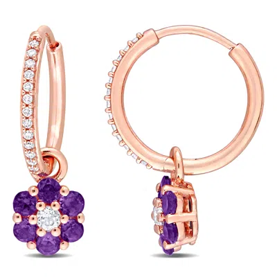 Mimi & Max 1 1/4 Ct Tgw Amethyst Nd White Topaz And 1/8 Ct Tdw Diamond Floral Huggie Earrings In 10k Rose Gold In Pink