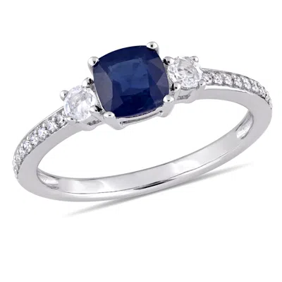 Mimi & Max 1 1/6ct Tgw Blue White Sapphire 1/10ct Tw Diamond 3-stone Ring 14k White Gold