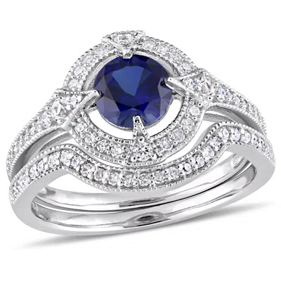 Mimi & Max 1 1/6ct Tgw Created Blue White Sapphire 1/3ct Tw Diamond Ring Set Sterling Silver