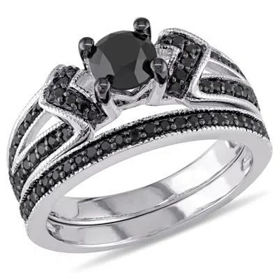Mimi & Max 1 1/8ct Tw Black Diamond Split Shank Bridal Set In Sterling Silver With Black Rhodium