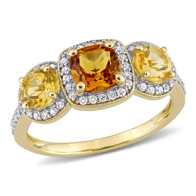 Mimi & Max 1 3/4ct Tgw Citrine 1/3ct Tdw Diamond 3-stone Halo Ring Yellow Silver