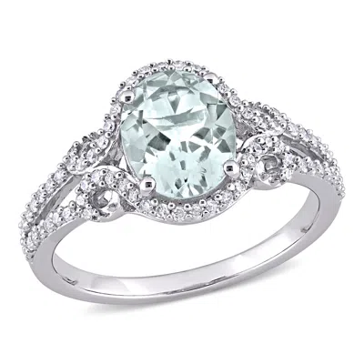 Mimi & Max 1 3/8ct Tgw Aquamarine 1/3ct Tw Diamond Halo Ring 10k White Gold In Blue
