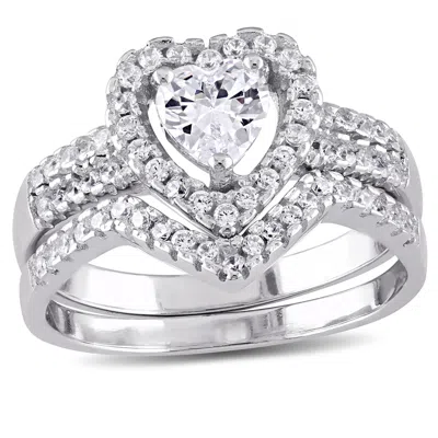 Mimi & Max 1 3/8ct Tgw Heart-shape Cubic Zirconia Halo Bridal Set In Sterling Silver In White