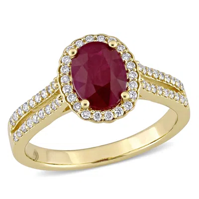 Mimi & Max 1 3/8ct Tgw Oval Ruby 1/3ct Tw Diamond Halo Double Row Ring 14k Yellow Gold In Red