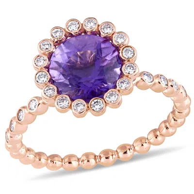 Mimi & Max 1 4/5ct Tgw African Amethyst 1/4ct Tw Diamond Beaded Halo Ring 14k Rose Gold In Blue