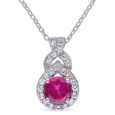 Mimi & Max 1 4/5ct Tgw Created White Sapphire And Created Ruby Teardrop Halo Pendant With Chain In Sterling Sil In Red
