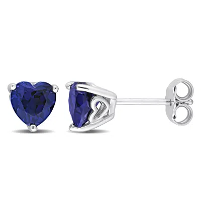 Mimi & Max 1 4/5ct Tgw Heart Shape Created Blue Sapphire Stud Earrings In Sterling Silver