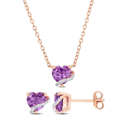 Mimi & Max 1 5/8ct Tgw Amethyst Diamond Accent Heart Swirl Stud Jewelry Set Rose Plated Sterling Silver In Purple