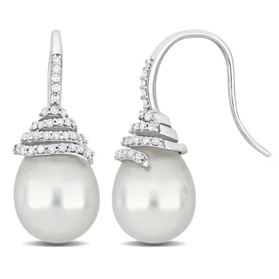 Mimi & Max 10-11mm South Sea Cultured Pearl 1/3ct Tw Diamond Swirl Hook Earrings 14k White Gold In Silver