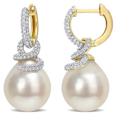 Mimi & Max 10-11mm South Sea Cultured Pearl And 1/2ct Tw Diamond Swirl Huggie Earrings In 14k Yellow Gold In Silver