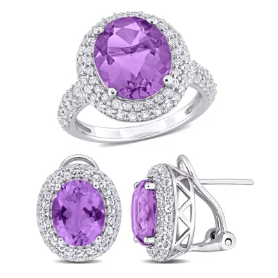Mimi & Max 10 4/5ct Tgw Oval-cut Amethyst White Topaz Omega Back Earrings Ring Set Sterling Silver In Purple