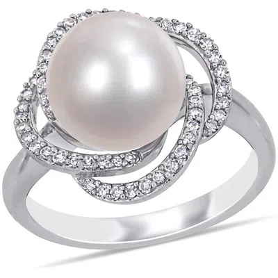 Mimi & Max 10-10.5mm Cultured Freshwater Pearl 1/4ct Tw Diamond Swirl Ring 14k White Gold In Silver