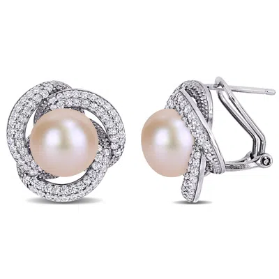 Mimi & Max 10.5-11mm Pink Cultured Freshwater Pearl And 1 1/2ct Tgw Cubic Zirconia Earrings In Sterling Silver