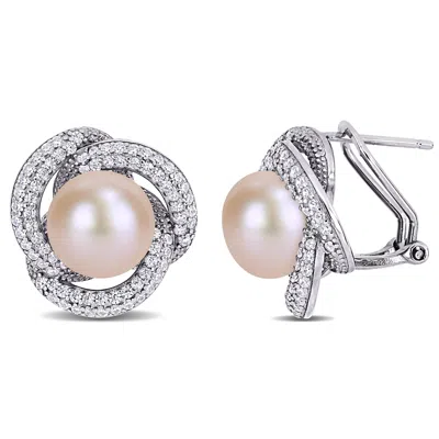 Mimi & Max 10.5-11mm Pink Cultured Freshwater Pearl And 1 1/2ct Tgw Cubic Zirconia Earrings In Sterling Silver In Beige