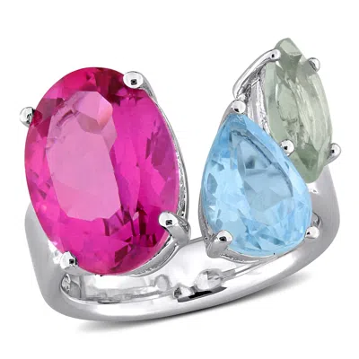 Mimi & Max 10ct Tgw Pink Topaz Sky Blue Topaz Green Quartz Open Ring In Sterling Silver In Multi