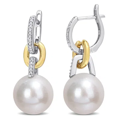 Mimi & Max 11-12 Mm Freshwater Cultured Pearl & 1/10 Ct Tw Diamond Huggie Earrings In 2-tone 14k Yellow And Whi In Multi