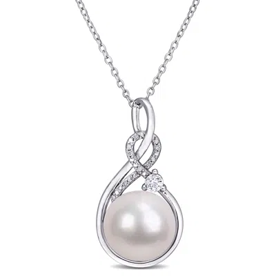 Mimi & Max 11-12mm Cultured Freshwater Pearl 1/6ct Tgw Created White Sapphire And Diamond Necklace
