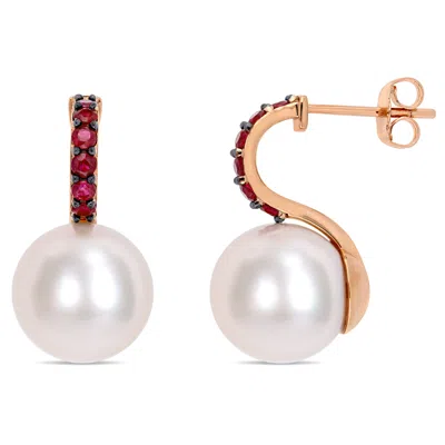 Mimi & Max 11-12mm Cultured Freshwater Pearl And 1/2ct Tgw Ruby Drop Earrings In 10k Rose Gold In Multi
