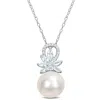 Mimi & Max 11-12mm Cultured Freshwater Pearl And 5/8ct Tgw Aquamarine And Diamond Accent Flower Pendant With Ch In Multi
