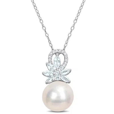 Mimi & Max 11-12mm Cultured Freshwater Pearl And 5/8ct Tgw Aquamarine And Diamond Accent Flower Pendant With Ch In Multi