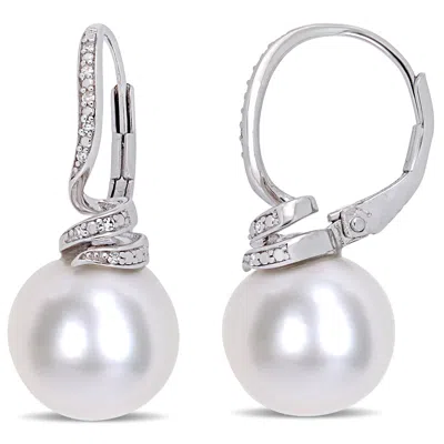 Mimi & Max 11-12mm Cultured Freshwater Pearl And Diamond Accent Swirl Leverback Earrings In Sterling Silver