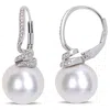 Mimi & Max 11-12mm Cultured Freshwater Pearl And Diamond Accent Swirl Leverback Earrings In Sterling Silver In White