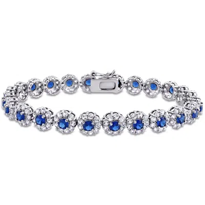 Mimi & Max 11 1/3ct Tgw Created Blue And White Sapphire Halo Tennis Bracelet In Sterling Silver