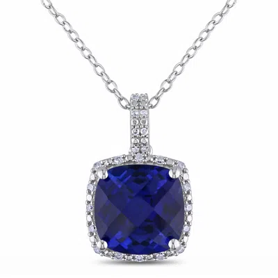 Mimi & Max 1/10 Ct Tw Diamond And 5 3/4 Ct Tgw Created Blue Sapphire Square Pendant With Chain In Sterling Silv