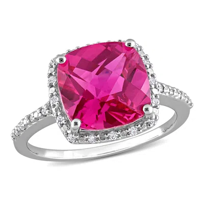 Mimi & Max 1/10ct Tw Diamond And 5 3/4ct Tgw Cushion Cut Created Pink Sapphire Halo Ring In Sterling Silver In White