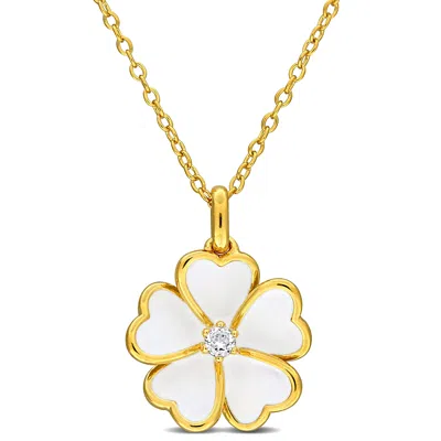 Mimi & Max 1/10ct White Topaz White Enamel Plated Flower Necklace Yellow Silver