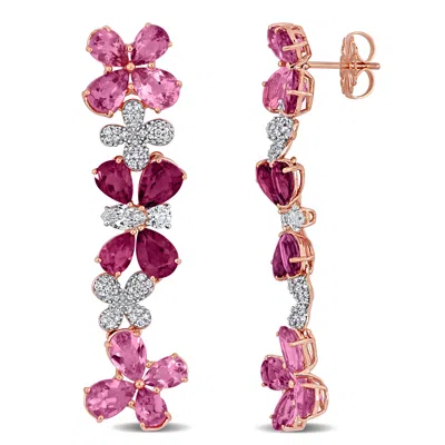 Mimi & Max 12 1/10ct Tgw Pink Red Tourmaline 1 1/4ct Tw Diamond Floral Earrings 14k Rose Gold In Multi