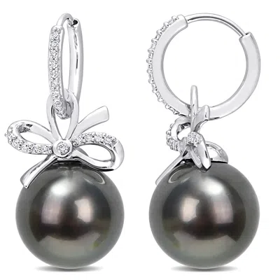 Mimi & Max 12-12.5mm Black Tahitian Cultured Pearl 1/4ct Tw Diamond Earrings 14k White Gold