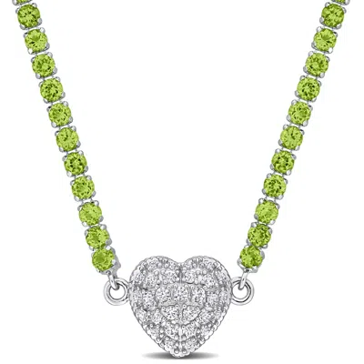 Mimi & Max 12 7/8ct Tgw Peridot Created White Sapphire Heart Necklace Sterling Silver
