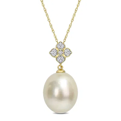 Mimi & Max 12-13mm South Sea Cultured Pearl Diamond Accent Floral Necklace 10k Yellow Gold In Silver