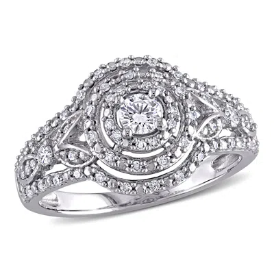 Mimi & Max 1/2ct Tdw Diamond Halo Cluster Engagement Ring In 10k White Gold In Silver