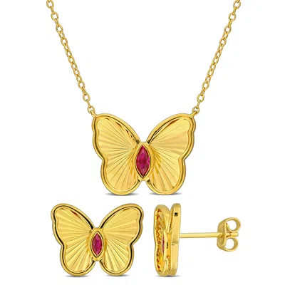 Mimi & Max 1/2ct Tgw Created Ruby Butterfly Stud Jewelry Set Yellow Plated Sterling Silver In Red