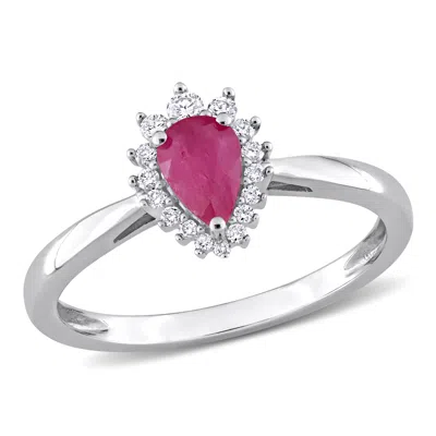Mimi & Max 1/2ct Tgw Pear Ruby 1/8ct Tw Diamond Halo Ring 14k White Gold In Silver