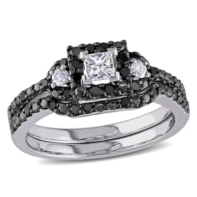 Mimi & Max 1/2ct Tw Black White Halo Princess Cut Diamond Bridal Ring Set 10k White Gold In Multi
