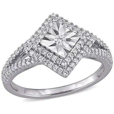 Mimi & Max 1/2ct Tw Diamond Halo Split Shank Ring Sterling Silver In Metallic