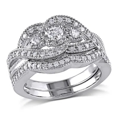 Mimi & Max 1/2ct Tw Diamond Twist Split Shank Bridal Set Sterling Silver In White