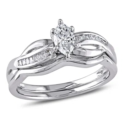 Mimi & Max 1/2ct Tw Marquise And Tapered Baguette Diamond Bridal Ring Set In 14k White Gold In Silver