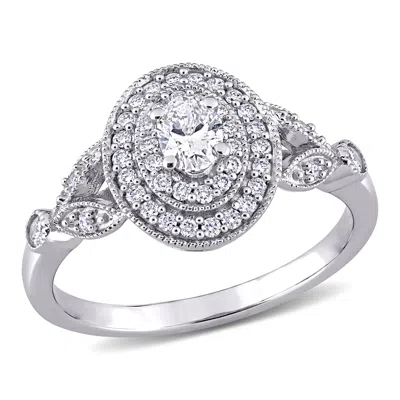 Mimi & Max 1/2ct Tw Oval Round Diamond Double Halo Ring 14k White Gold