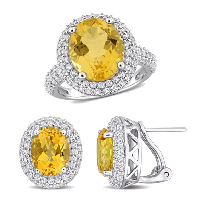 Mimi & Max 13 1/2ct Tgw Oval-cut Citrine White Topaz Double Halo Omega Back Earrings Ring Set Sterling Silver In Metallic