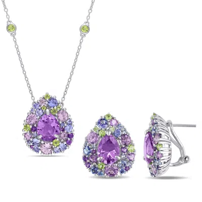 Mimi & Max 13 1/4ct Tgw Tanzanite Amethyst Peridot Rose De France Leverback Jewelry Set Sterling Silver In Metallic