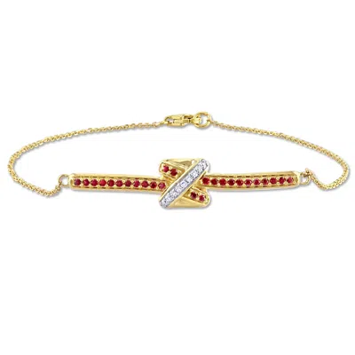 Mimi & Max 1/3ct Tgw Ruby Diamond Accent Bar Crossover Bracelet Chain 14k Yellow Gold In Multi