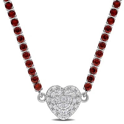 Mimi & Max 14 7/8ct Tgw Garnet Created White Sapphire Heart Necklace Sterling Silver-17 In In Multi