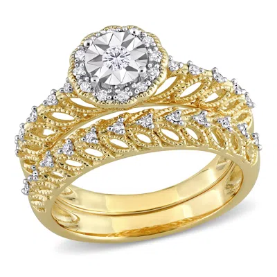 Mimi & Max 1/4ct Tdw Diamond Halo Bridal Ring Set Yellow And White Sterling Silver In Gold