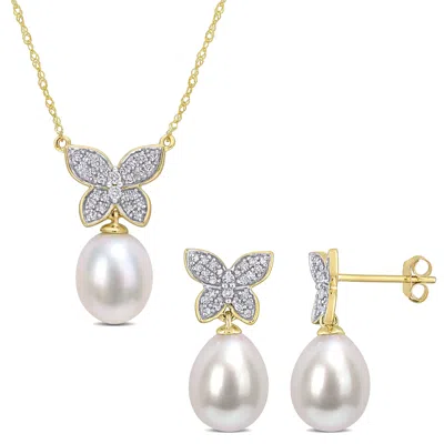 Mimi & Max 1/4ct Tdw Diamond With 8.5-10mm White Cultured Freshwater Pearl Drop Butterfly Earrings And Pendant In Multi