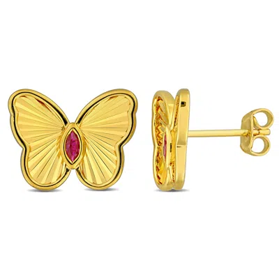 Mimi & Max 1/4ct Tgw Marquise-cut Created Ruby Butterfly Stud Earrings Yellow Silver In Red
